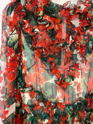 Dolce & Gabbana Red Floral Silk Ruffle Long-Sleeve Mini Dress Size IT 40 (UK 8)