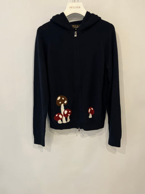 Loro Piana Navy Baby Cashmere Ribbed Long-Sleeved Hooded Gilet with Mushrooms and Fox Print Size IT 40 (UK 8)