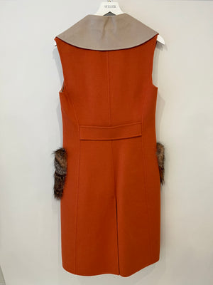 Fendi Orange and Cream Wool Sleeveless Coat with Fur Pockets and Leather Belt Details  Size IT 40 (UK 8)