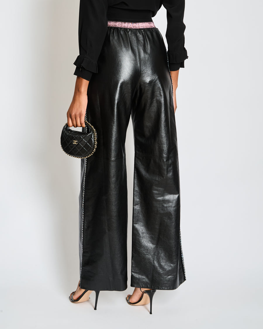 Chanel Black Leather Wide Leg Trousers with Embellished Tweed Trim and Pink Logo Waistband Size FR 34 (UK 6)
