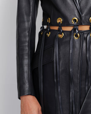 Alexander McQueen Navy Leather Fringed Trench Coat with Gold Eyelets Details Size IT 38 (UK 6)