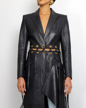 Alexander McQueen Navy Leather Fringed Trench Coat with Gold Eyelets Details Size IT 38 (UK 6)