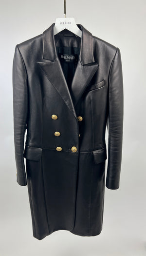 Balmain Black Leather Double-Breasted Long Coat with Gold Buttons Size FR 38 (UK 10) RRP £5000