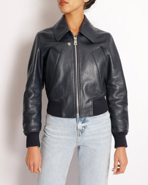 Bottega Veneta Navy Calfskin Leather Jacket with Silver Zipper and Knitted Details Size FR 36 (UK 8) RRP £5,000