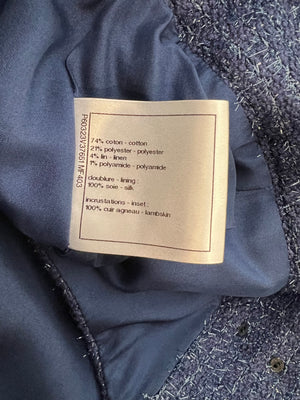 Chanel Cruise 2019 Blue Tweed Cropped Jacket and Trousers Set with CC Logo Buttons and Black Leather Trims Size FR 36/38 (UK 8/10)