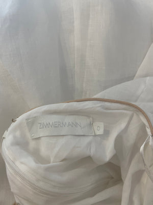 Zimmermann White Devi Linen Midi Dress with Cutout Detail and Beige Trim Detail Size US 0 (UK 8)