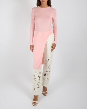 Chanel Resort 2016 Paris Seoul Pink Long-Sleeved Asymmetric Top with Gold CC Logo Button Detail Size FR 36 (UK 8)