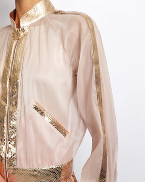 Ralph & Russo Blush Pink Jacket and Silk Trouser Set with Rose Gold Metallic Snake Trims Size IT 36/38 (UK 6/8)