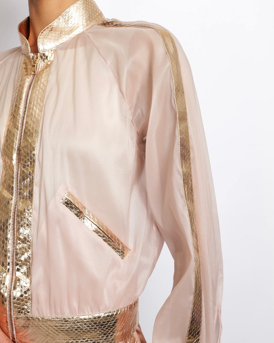 Ralph & Russo Blush Pink Jacket and Silk Trouser Set with Rose Gold Metallic Snake Trims Size IT 36/38 (UK 6/8)