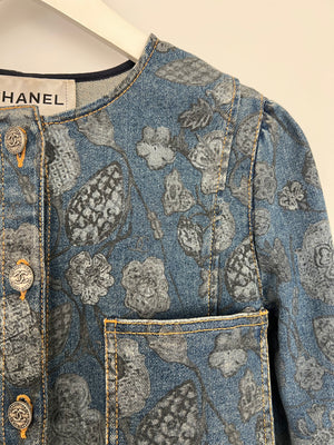 Chanel 21/A Flower Printed Denim Jacket with Silver CC Button Details Size FR 38 (UK 10)