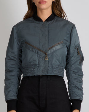 Louis Vuitton Grey Cropped Bomber Jacket with Black Cuffs and Logo Zipper Detail Size FR 36 (UK 8)