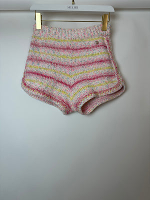 Chanel 24C Resort Pastel Pink & Yellow Sleeveless Knit Jumper and Shorts Set with Cupid Heart "Coco" Detail Top Size FR 34 (UK 6)