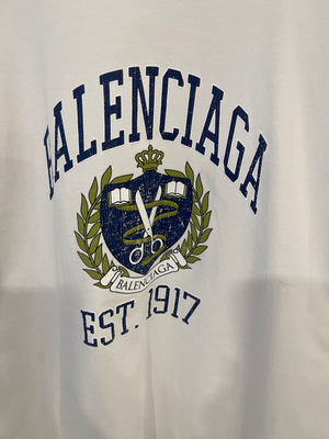 Balenciaga White T-Shirt with Navy Logo and Crest Print Size S (UK 8)