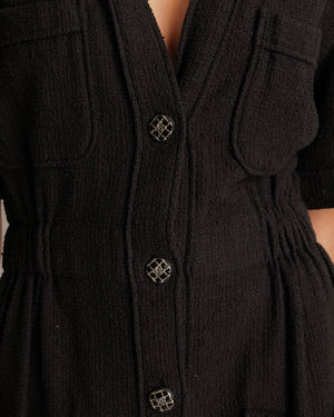 Chanel Black Short-Sleeved Mini Dress with Gathered Waist and Silver and Black Quilted CC Logo Buttons Size FR 38 (UK 10)