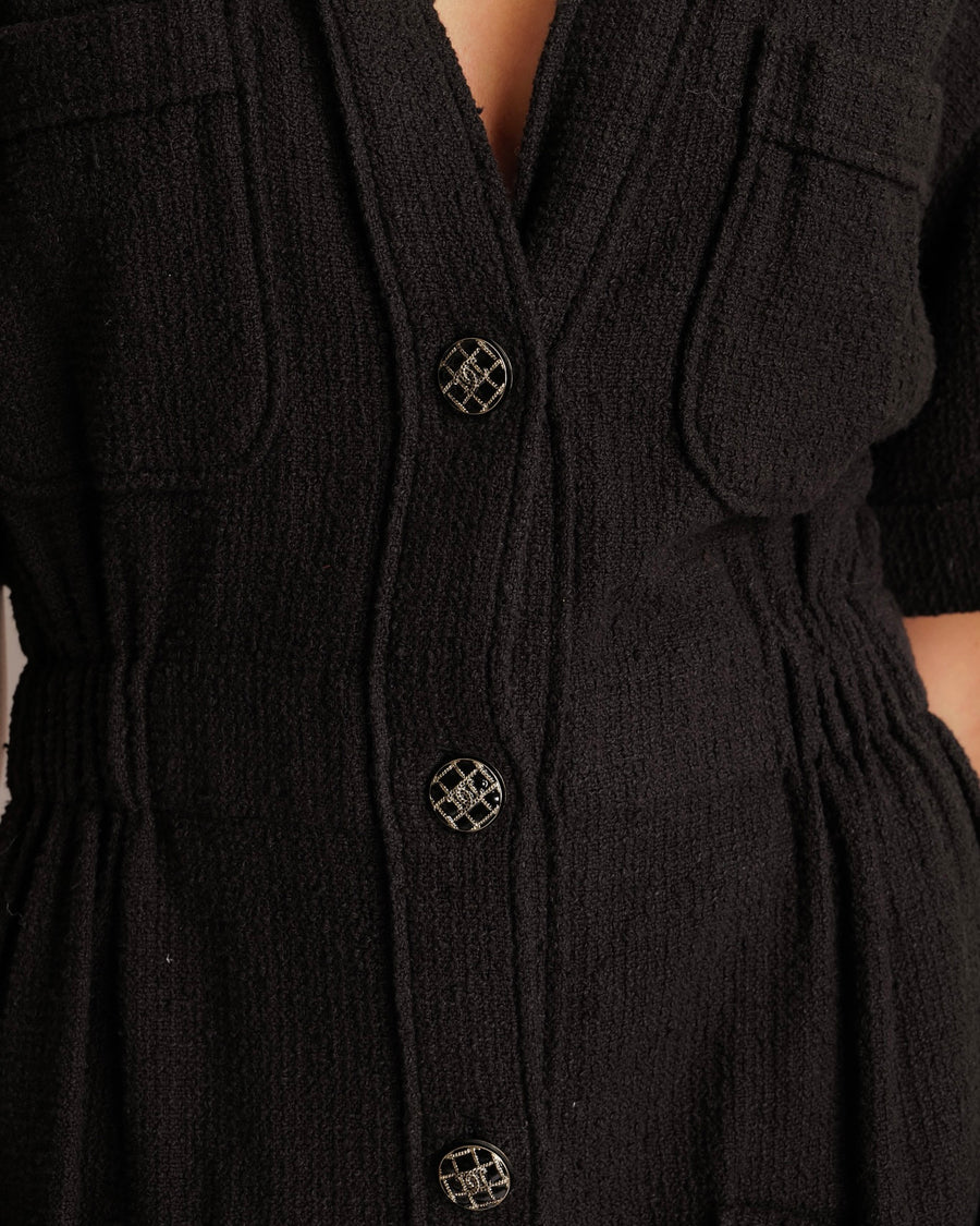 Chanel Black Short-Sleeved Mini Dress with Gathered Waist and Silver and Black Quilted CC Logo Buttons Size FR 38 (UK 10)