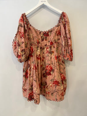 Zimmermann Pink Floral Mini Dress with Puff Sleeves and Scalloped Trim Detail Size 4 (UK 16)