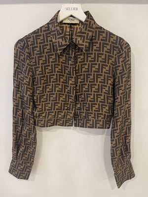 Fendi Brown Silk FF Logo All Over Cropped Shirt Size IT 38 (UK 6)