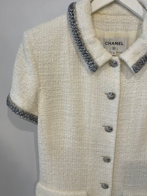 *HOT* Chanel 20S White Tweed Short-Sleeve Mini Dress with Silver Buttons and Embellishments Details FR 42 (UK 14) RRP £5,250
