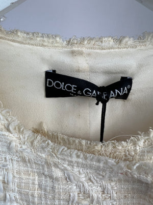 Dolce & Gabbana Cream Tweed Short Sleeve Long Jacket With Floral Print Detail Size IT 38 (UK 6)