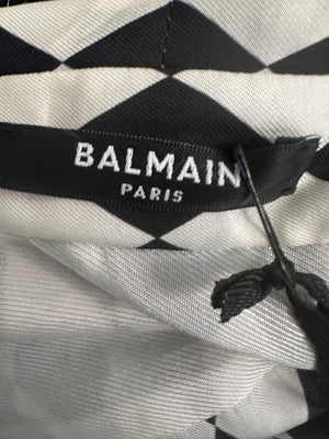 Balmain Black and White Lavalliere Diamond Print Silk Shirt with Puff Sleeves and Pussy Bow Detail Size FR 34 (UK 6) RRP £1490