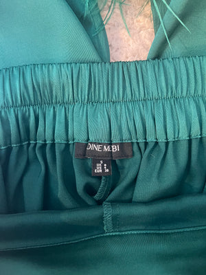 Nadine Merabi Green Satin Top and Trousers Set with Feather Trim Detail and Crystal Buttons Size UK 6/8