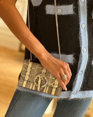Jimmy Choo Grey Madeline Snakeskin Leather Crossbody Bag with Crystal Embellished Buckle