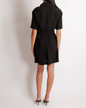 Chanel Black Short-Sleeved Mini Dress with Gathered Waist and Silver and Black Quilted CC Logo Buttons Size FR 38 (UK 10)