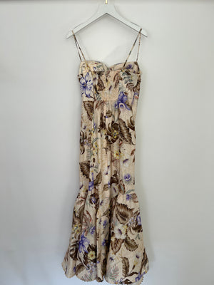 Zimmermann Beige, Brown and Blue Floral Linen Maxi Dress with Cut Out and Bow Detail Size 0 (UK 8)