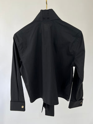 Fendi Black Long-Sleeved Shirt with Neck Tie Detail and White Logo Print Size IT 40 (UK 8)