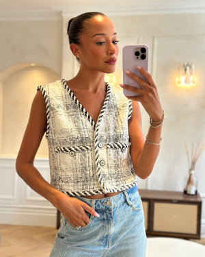 Chanel White and Grey Tweed Vest with CC Logo Buttons and Gold Metallic Details Size FR 38 (UK 10)
