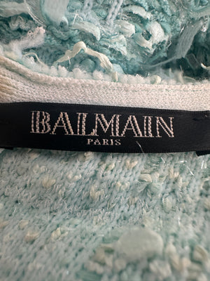 Balmain Light Blue Short Sleeve Tweed Short Dress with Fringes & Gold Buttons Detail Size FR 38 (UK 10)