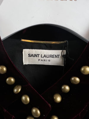 Saint Laurent Burgundy Velvet Long-Sleeve Mini Dress with Gold Stud Detail FR 38 (UK 10)
