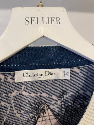 Christian Dior Blue and White Around the World Cashmere Jumper with Embroidery and Logo Band Size FR 36 (UK 8)