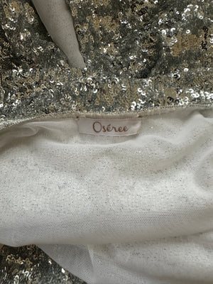 Oséree Silver Sequin Pailettes Maxi Dress with Gold Ring Strap Detail and Side Slit Size L (UK 12)