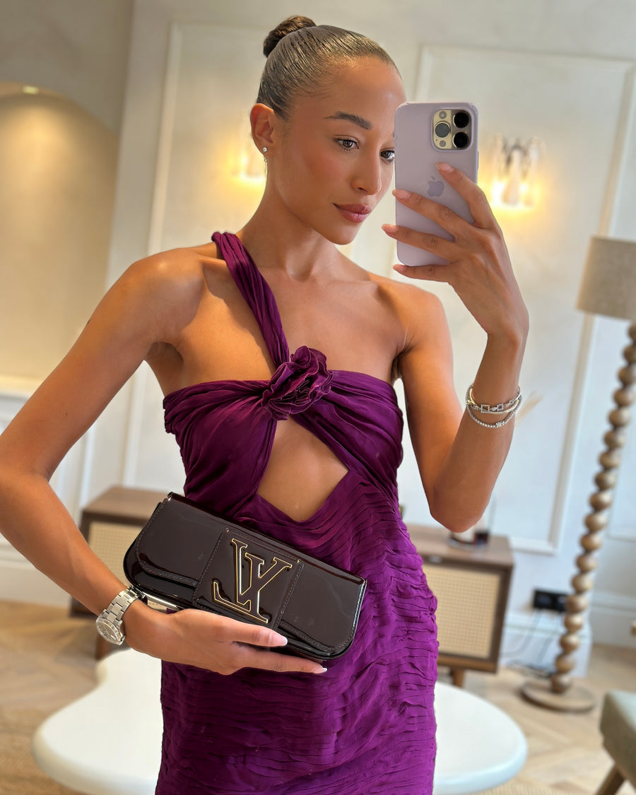 Louis Vuitton Burgundy Sobe Clutch Bag in Amarante Vernis Leather with Monogram Logo and Gold Hardware