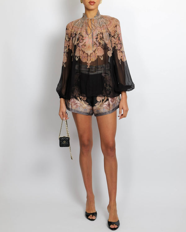 Zimmermann Black and Pink Floral Blouse and Silk Shorts Set with Gold Buckle Detail Size 0P/0 (UK 6/8)