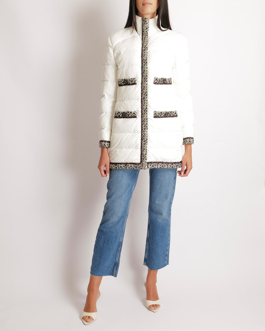 Chanel White Puffer Coat with Black and White Tweed Trims with Metallic Pink Details and Silver and Black CC Logo Buttons Size FR 38 (UK 10)