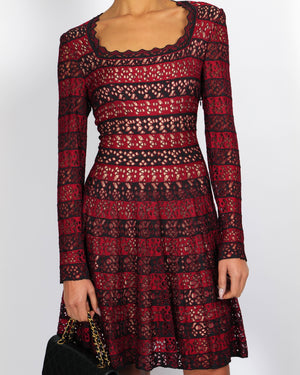 Alaia Burgundy Perforated Striped Long-Sleeved Mini Dress Size FR 42 (UK 14)