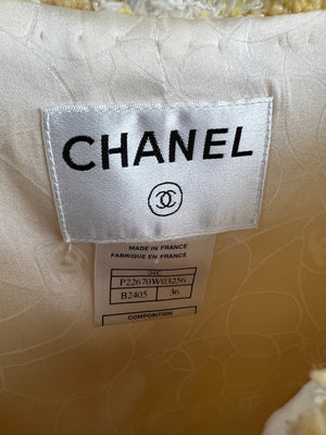 Chanel 04C Yellow and White Tweed Jacket and Grey Silk Shorts Set with Camelia Tweed Pin Detail Size FR 36 (UK 8)