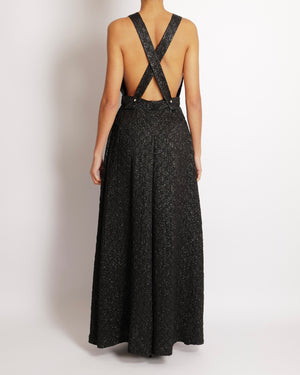 Chanel Black Silk Textured Sleeveless Long Jumpsuit with CC Logo Print and V-Neck Detail Size FR 36 (UK 8)
