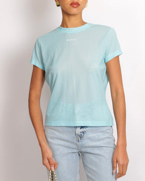 Alaia Light Blue Mesh Short-Sleeved Top with White Logo Detail Size FR 40 (UK 12)