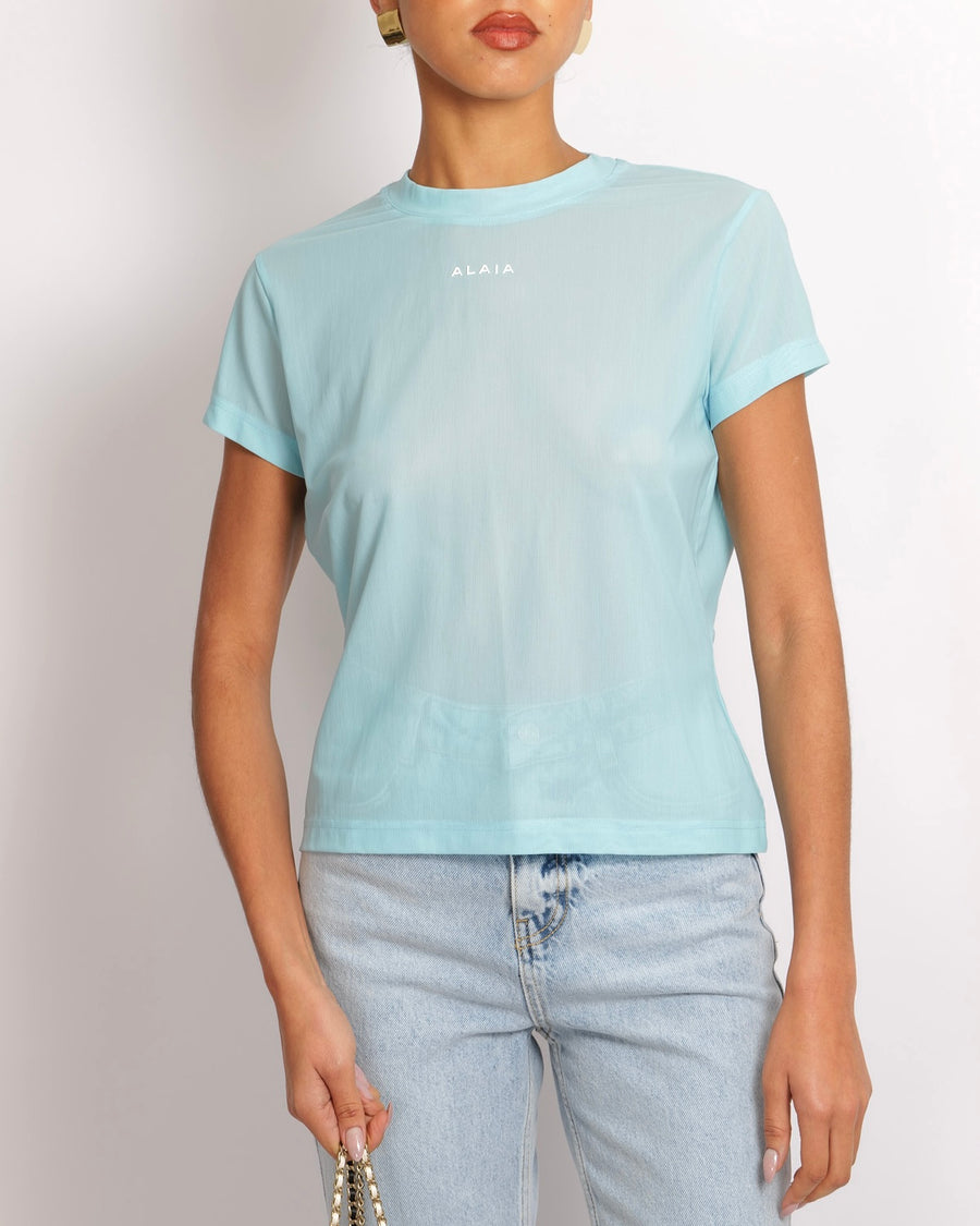 Alaia Light Blue Mesh Short-Sleeved Top with White Logo Detail Size FR 40 (UK 12)