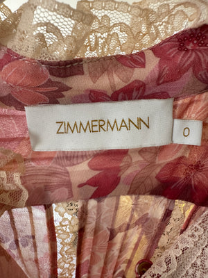 Zimmermann Pink Floral Viscose Long-Sleeve Floral Midi Dress with Lace Details Size 0 (UK 8)