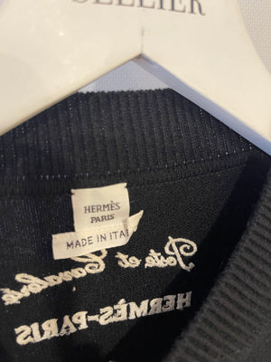 Hermès Black Cashmere Poste et Cavalerie Jumper with White Embroidery and Print Size FR 34 (UK 6)