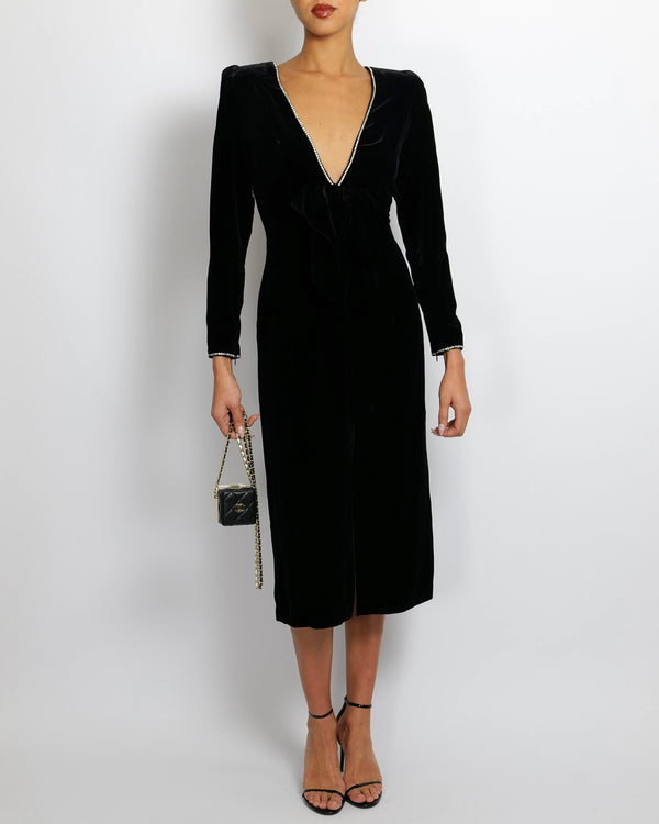Gucci Black Velours Midi Dress with Bow Detail and Crystal Embellished Trims Size IT 38 (UK 6)