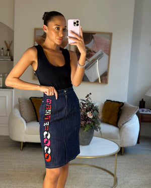 Chanel Dark Indigo Denim Midi Skirt Multi-Colour Gabrielle Coco Print Size FR 34 (UK 6)