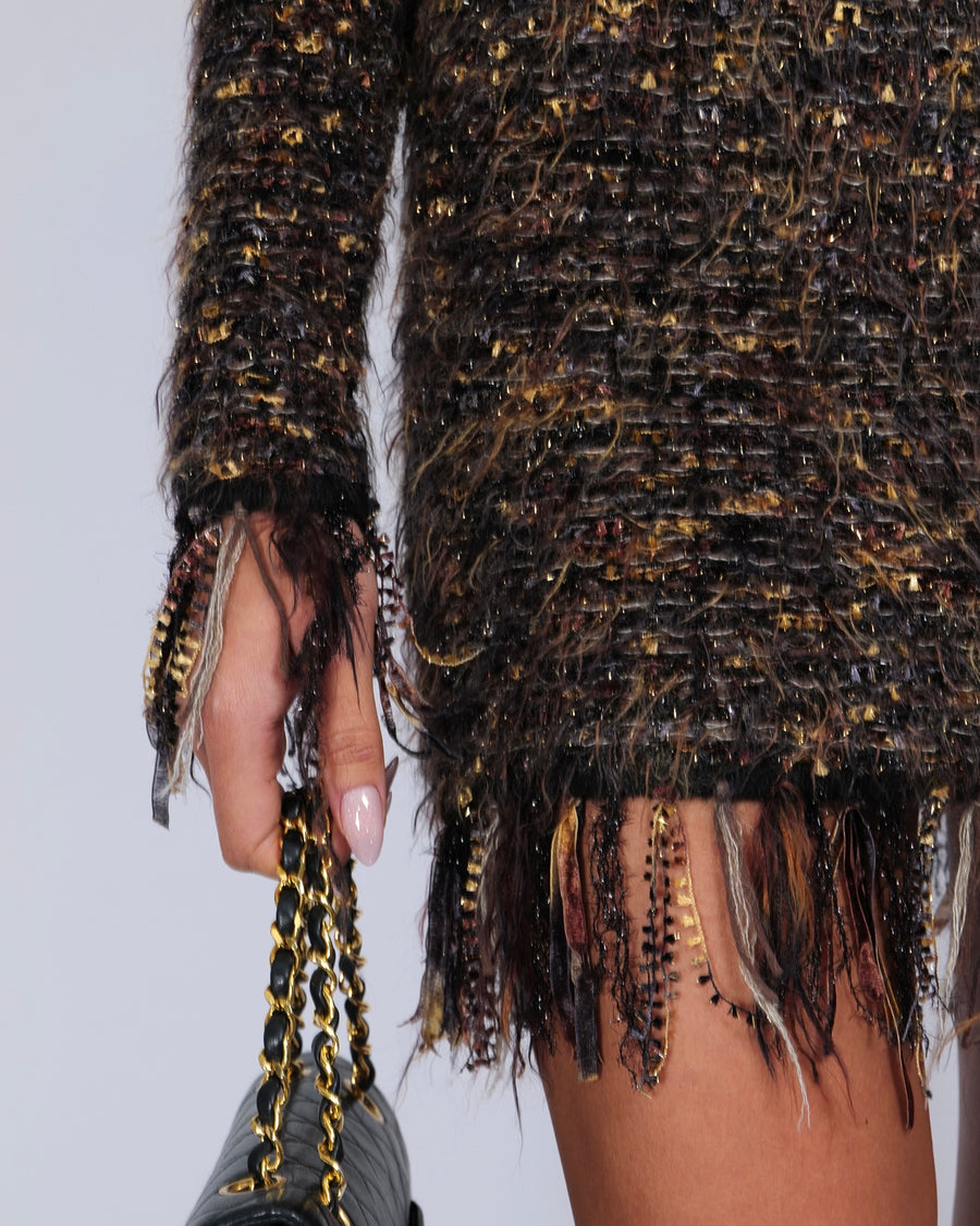 Balmain Brown Tweed Long-Sleeved Mini Dress with Metallic Details and Fringed Trims Size FR 38 (UK 10)