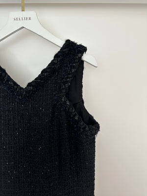 Chanel 15/P Black Sleeveless Glitter Tweed A-Line Midi Dress with Woven Tweed Trim Detail FR 36 (UK 8)