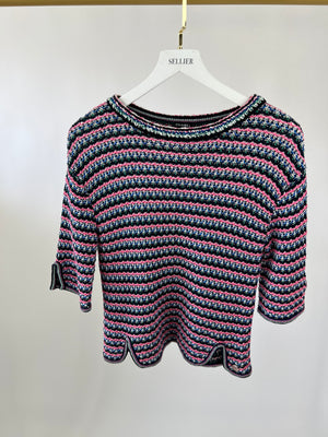 Chanel Navy, White and Pink Crochet Tweed Short Sleeve Top Size FR 38 (UK 10)