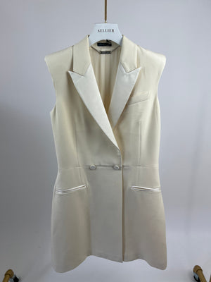 Alexander McQueen Cream Sleeveless Double Breasted Tuxedo Mini Dress with Satin Collar and Buttons Detail Size IT 46 (UK 14)